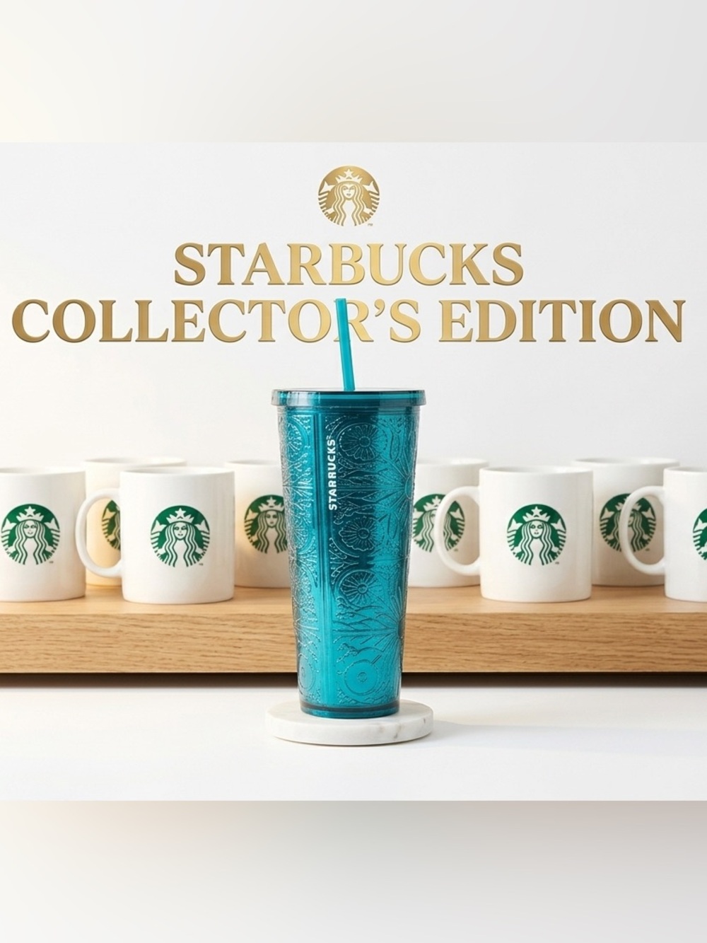 Starbucks 2017 Teal Embossed Floral Venti Cold Cup Tumbler 24oz Collector Straw